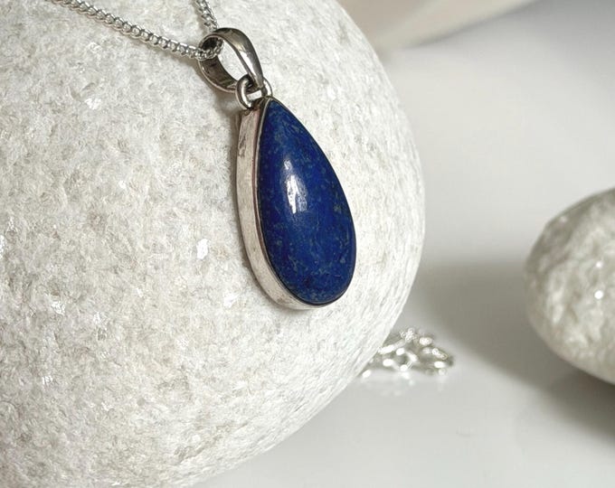 Teardrop Lapis Lazuli Pendant Necklace Sterling Silver Chain