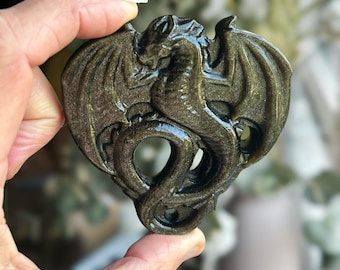 Golden Sheen Obsidian Dragon Carving, Silver Sheen Obsidian Dragon, Flat Back Stone, Crystal Carving, Dragon Decor, Metaphysical Gift