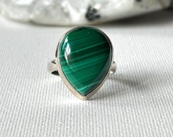 Malachite Pear Drop Ring Sterling Silver UK P