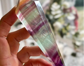 Fluorite Wand with Stand, Purple Green Watermelon Fluorite, Sugar Fluorite Sceptre, Display Crystal, Exact Piece Sent
