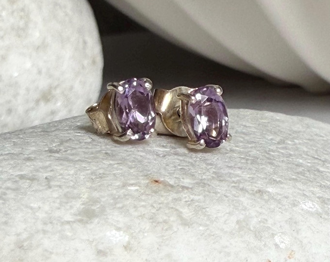 Lavender Amethyst Stud Earrings, Sterling Silver Oval Studs