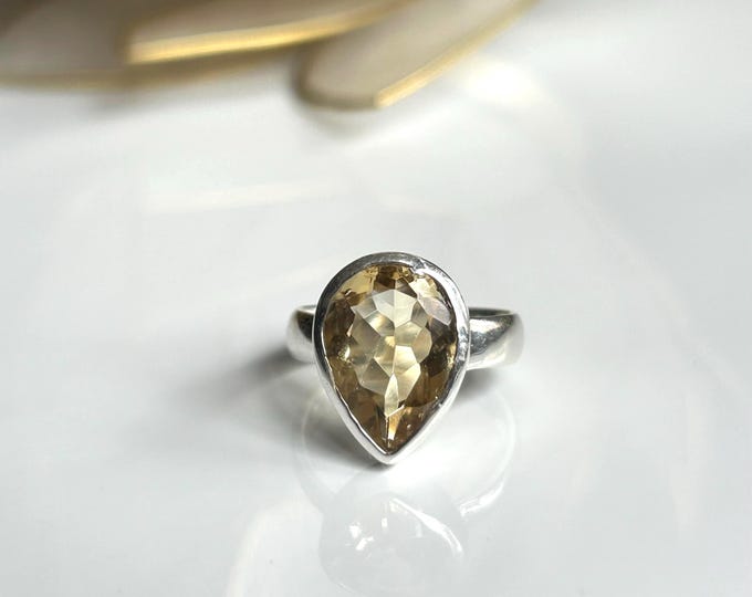 Citrine Pear Cut Ring: 925 Sterling Silver November Birthstone