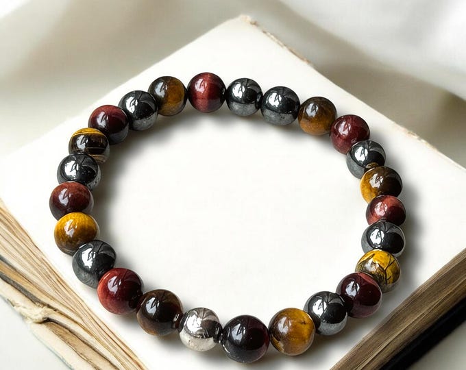 Tiger’s Eye Hematite Bracelet, Unisex Gemstone Beads, Grounding Crystal Bracelet for Men, Red Gold Tiger Eye Stretch Bracelet