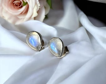Moonstone Stud Earrings, 925 Silver Teardrop Studs, Blue Flash Moonstone, Dainty Crystal Earrings, Gift for Her