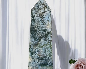 Moss Agate Tower, Square Crystal Point, Polished Green Agate, Chunky Gemstone, Grounding Stone
