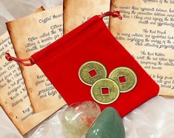 Abundance Prosperity Gift Set, I Ching Coins, Green Aventurine Citrine Crystals, Wealth Manifestation Kit, Good Luck Blessing Gift