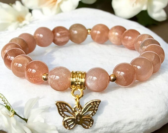 Sunstone Stretch Bracelet – Crystal Jewellery with Gold Charm for Positive Energy or Gifting
