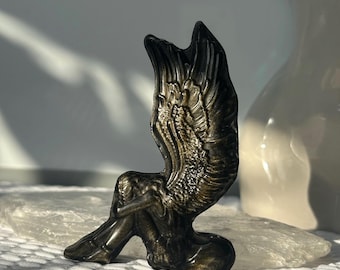 Obsidian Angel Carving, Golden Obsidian, Silver Sheen Obsidian, Kneeling Angel Figurine, Flat Crystal, Grief Support Gift