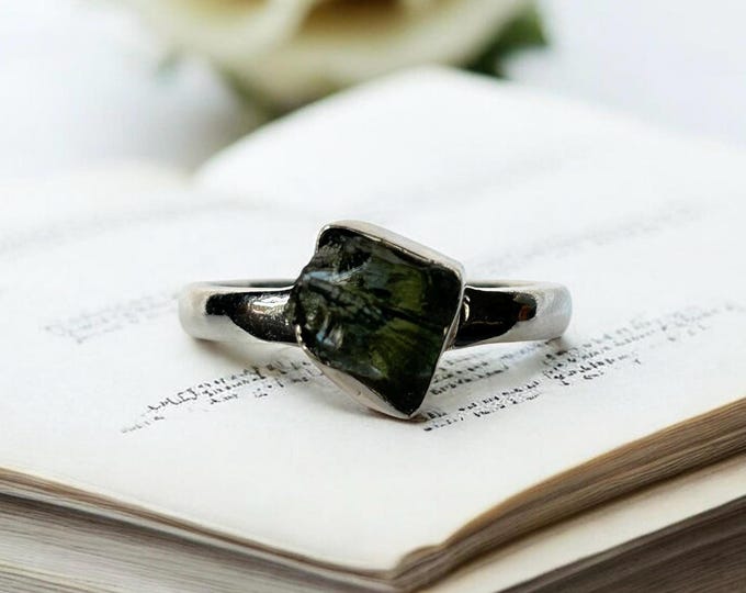 Genuine Moldavite Sterling Silver Ring - Rare Czech Gemstone, UK Size R