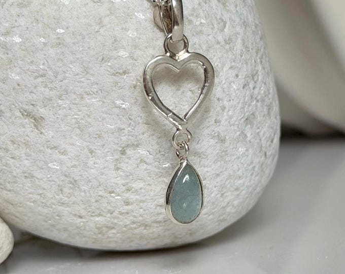 Aquamarine Heart Pendant, Silver Necklace Option
