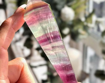 Fluorite Crystal Wand with Stand, Purple Green Banded Fluorite Point, Decorative Crystal Tower, Candy Fluorite Display, Exact Wand Sent