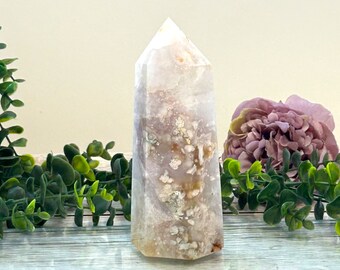 Large Quartz Tower with Flower Agate, Lavender Amethyst Inclusion, Statement Crystal Decor, Meditation Stone Gift