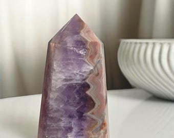 Amethyst and Crazy Lace Agate Tower – 9cm Polished Crystal with Natural Swirls and Colour