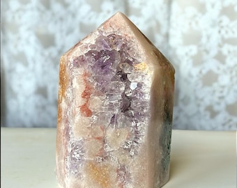 Pink Amethyst Tower, Druzy Crystal Point, Large Amethyst with Agate, Natural Gemstone, Statement Crystal, Gift for Her