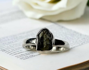 Genuine Moldavite Ring, Sterling Silver, UK Size R, Authentic Crystal Jewellery, Gift for Her, Rare Gemstone Ring
