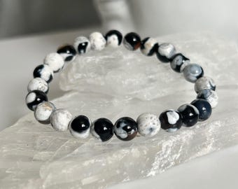Orca Agate Bracelet, 8mm Beaded Stretch Bracelet, Black Grey Crystal, Natural Agate Jewellery, Bold Stackable Bracelet