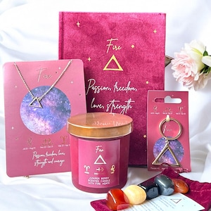 Fire Element Zodiac Gift Set - Aries, Leo, Sagittarius Jewellery, Crystal Candle, Notebook, Keyring, Gift Box for Fire Signs