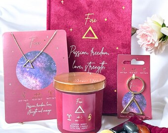 Fire Element Zodiac Gift Set - Aries, Leo, Sagittarius Jewellery, Crystal Candle, Notebook, Keyring, Gift Box for Fire Signs
