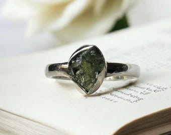 Real Moldavite Ring, Sterling Silver, UK Size R (US 8.75, EU 58), Authentic Czech Moldavite Jewellery, Gift for Her