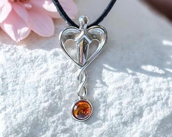 Healing Angel Pendant Necklace 925  Silver Guardian  Angel Pendant with Amber Gemstone - Spiritual Gift For Her