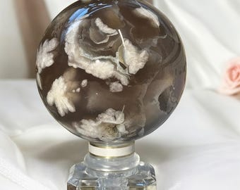 Black Flower Agate Sphere, Crystal Ball with Floral Pattern, Flower Agate Crystal Gift, Natural Gemstone Sphere for Display