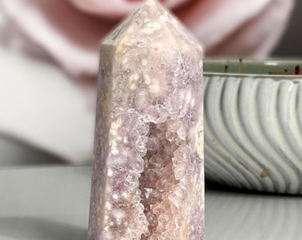 Pink Amethyst Tower With Druzy Crystal, Pale Pink and Lilac, Natural Quartz Point, Spiritual Decor, Crystal Gift