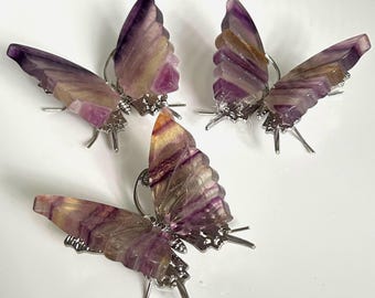 Rainbow Fluorite Butterfly, Crystal Wings Ornament, Carved Fluorite Insect, Silver Base Crystal, Fluorite Display Gift