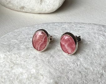 Rhodochrosite Stud Earrings, Oval Sterling Silver Earrings