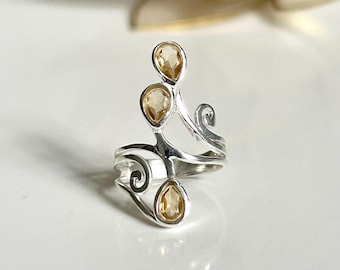 Faceted Citrine Triple Stone Ring: 925 Sterling Silver November Birthstone