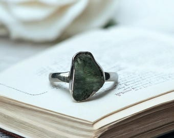Genuine Moldavite Ring, Sterling Silver, UK Size S 1/2, Authentic Czech Moldavite Jewellery, Crystal Statement Ring For Mothers Day Gift
