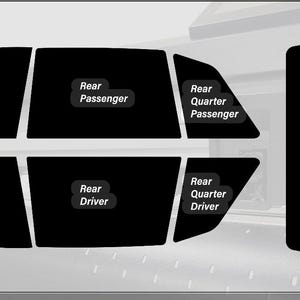 Könnte beinhalten: Diagramm der Autofenster-Tönung, das die Bereiche Beifahrer vorne, Fahrer vorne, Beifahrer hinten, Fahrer hinten, hinterer Seitenscheiben-Beifahrer, hinterer Seitenscheiben-Fahrer und Heckscheibe zeigt, alle in Schwarz.