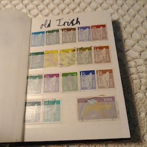 Vintage Stamp Collection – 170+ World & Irish Stamps – Themed Album: Flowers, Birds, Transport and More – Collector’s Estate Find