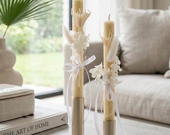 Handmade Beeswax Taper Candles with Dried Flowers, Set of 2 Honeycomb Texture Candles for Home Decor, Wedding Gift, Aesthetic Boho Candles