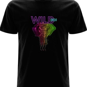 May include: Black t-shirt featuring a colourful elephant graphic and the text "WILD INDI" in neon pink and blue.