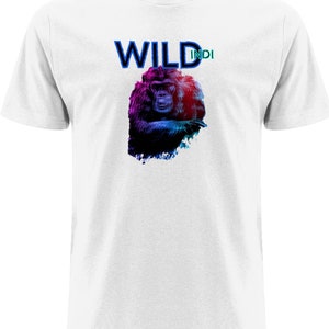 May include: White t-shirt featuring a colourful graphic of a monkey and the text "WILD INDI" in blue.