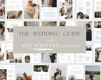 May include: A wedding guide with pre-written content. The guide features a light grey background with the text "THE WEDDING GUIDE with PRE-WRITTEN content" in black. The guide is divided into sections with images of a bride and groom.