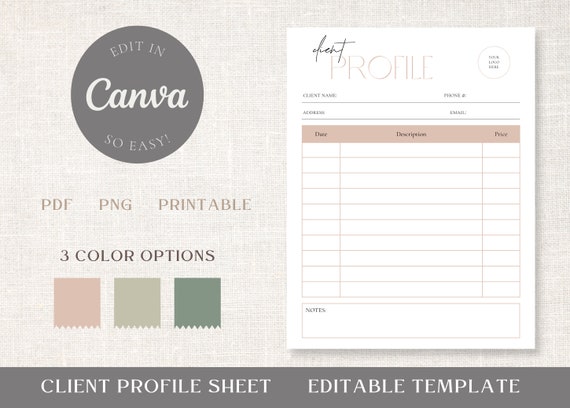 Client Information Editable Template - Modern Client Profile Printable Canva Template - Business Client Profile - Customer Info Sheet