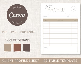 Client Information Editable Template - Client Profile Printable Canva Template - Business Client Profile - Customer Info Sheet Digital Log