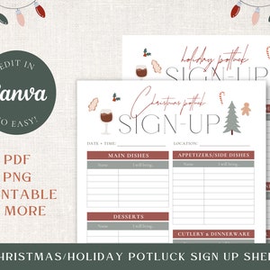 May include: Printable Christmas or holiday potluck sign-up sheet with a festive design. The sheet includes sections for main dishes, appetizers, desserts, cutlery, and dinnerware. It features a red wine glass, gingerbread man, and a Christmas tree.