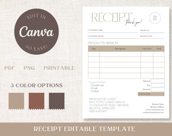 Canva Editable Business Receipt - Printable Customer Receipt Form - Purchase Receipt Invoice - Editable Receipt Template for Small Business