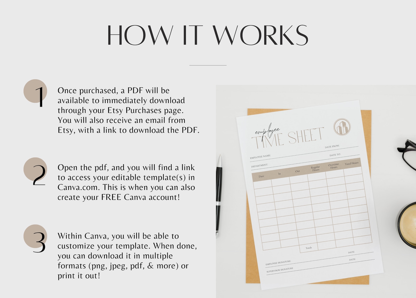 Employee Time Sheet Editable Template - Canva Digital Download Employee ...