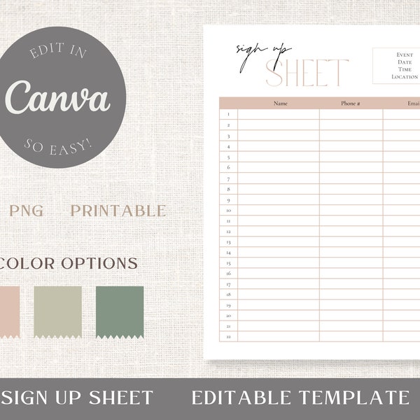 Sign Up Sheet Editable Template - Canva Printable Sign Up Form - Event Sign Up Canva Template - US Letter Sign Up Form Digital Download