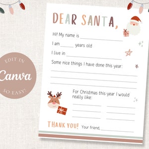 Letter To Santa Printable - Weihnachtsbrief für Kinder druckbar - Weihnachtswunschliste für Santa - Weihnachtsbrief Sofortdownload Canva