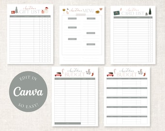 Puede incluir: Un conjunto de páginas imprimibles para planificar la Navidad, que incluyen una lista de regalos, un menú, una lista de tarjetas y hojas de presupuesto. Cada página presenta ilustraciones festivas y un diseño limpio. También se incluye el texto "Edit in Canva so easy!"