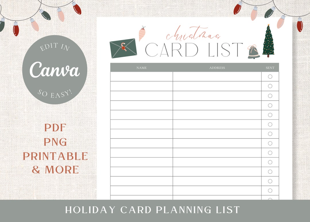Christmas Card Mailing List Printable Template Holiday Planner Instant