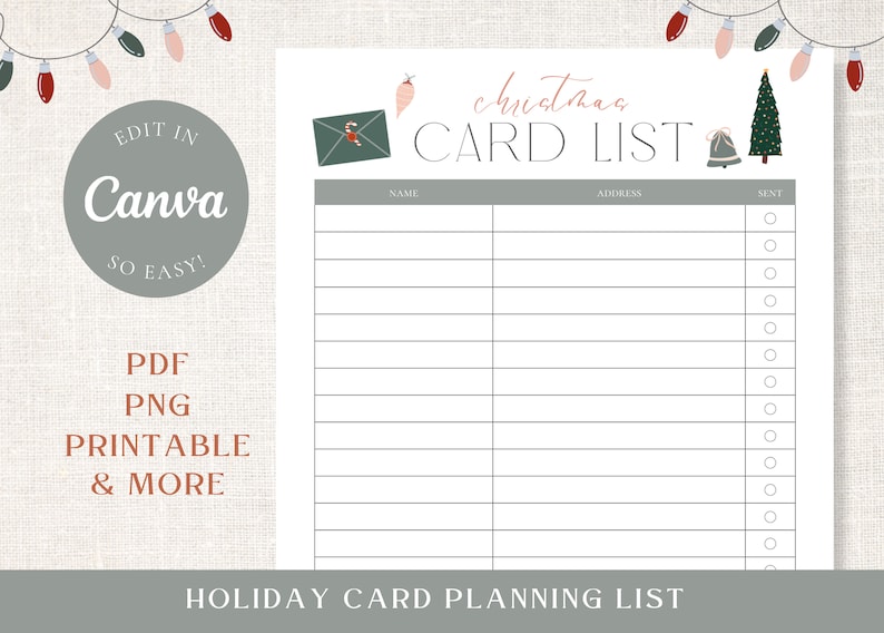 Christmas Card Mailing List Printable Template Holiday Planner Instant Download Editable Canva 