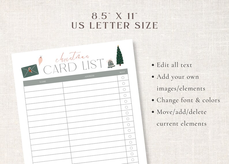 Christmas Card Mailing List Printable Template Holiday Planner Instant