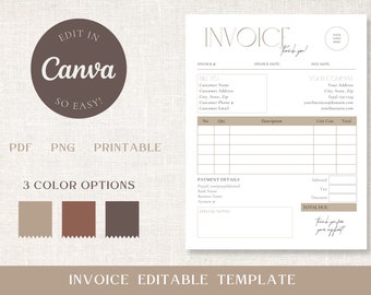 May include: Editable invoice template with a minimalist design. The template includes sections for customer information, invoice details, payment details, and special notes. The template is available in three color options: beige, brown, and dark brown.