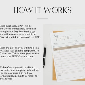 May include: A step-by-step guide on how to use a printable PDF template to create a client profile in Canva. The image shows a PDF document with the text "client profile" and a numbered list of instructions.