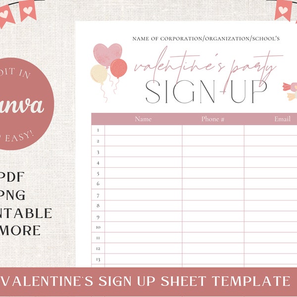 Valentine's Party Sign Up Form Canva Template - Valentine's Day Sign Up Printable - Editable Holiday Party Sign Up List - Instant Download